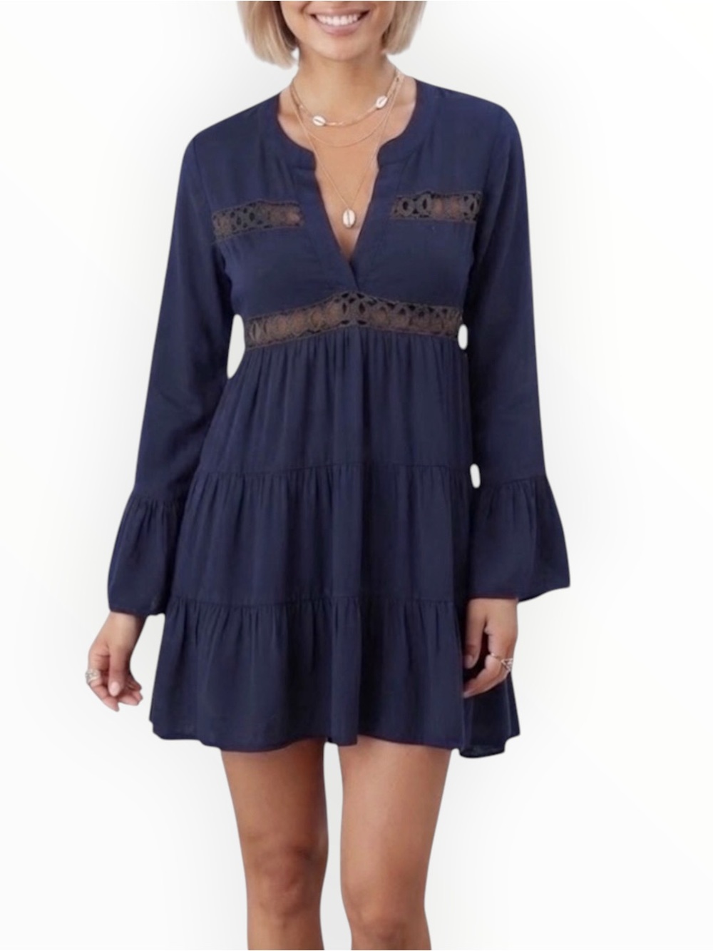 Lascana Flowy Flare Sleeve Cutout Lace Detail Mini Dress 4/6 Navy